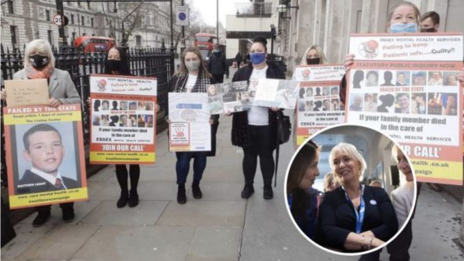 Melanie Leahy (left) and campaigners in London and Nadine Dorries MP (inset)