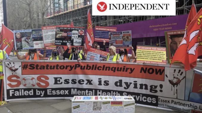 Families calling for an inquiry into Essex mental health deaths outside the Department of Health and Social Care on Wednesday